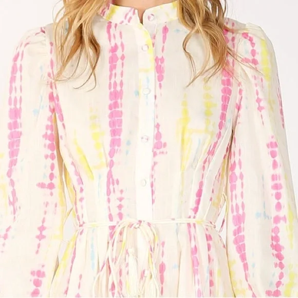 NWT Beulah Women's SZ L Shirt-dress Tie-Dye Bishop Sleeve Tiered Preppy Dress - Picture 8 of 9